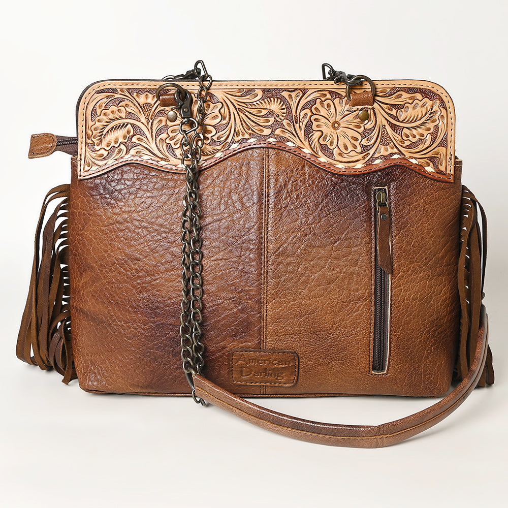 American Darling Cowhide Fringe Large Crossbody | Tooled Leather & Chain Bag