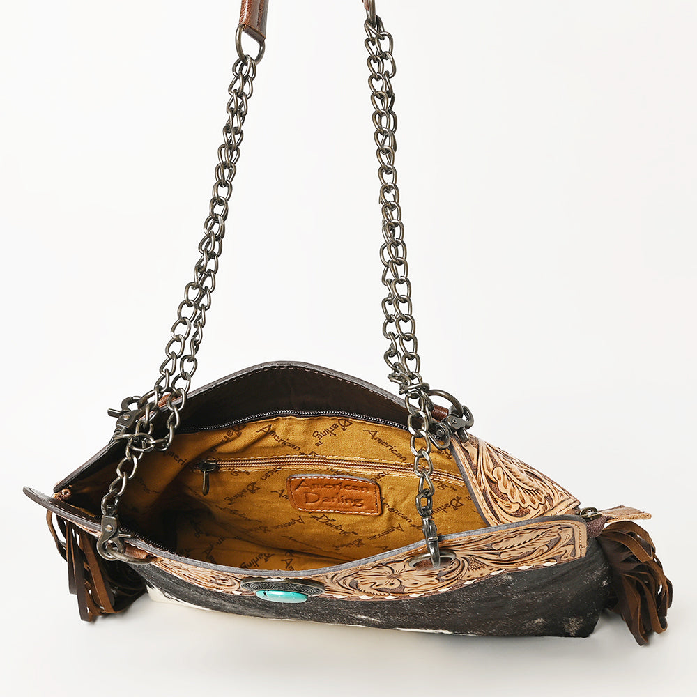 American Darling Cowhide Fringe Large Crossbody | Tooled Leather & Chain Bag