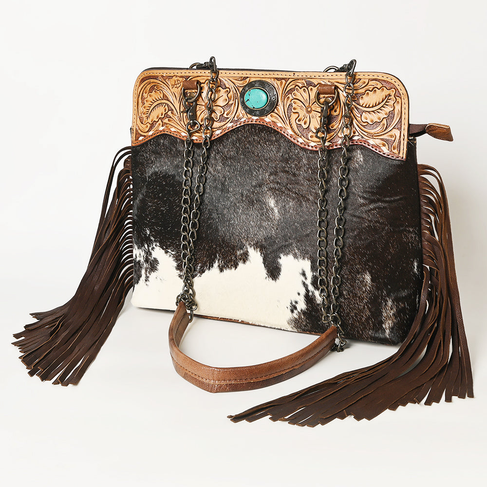 American Darling Cowhide Fringe Large Crossbody | Tooled Leather & Chain Bag
