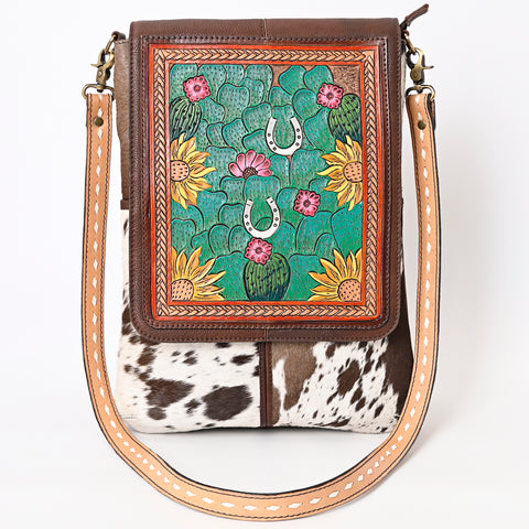 American Darling Hair-On Cowhide Hand Tooled Genuine Leather Messenger Bag