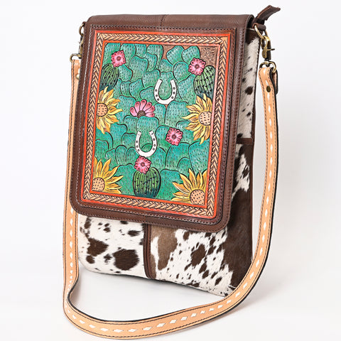 American Darling Hair-On Cowhide Hand Tooled Genuine Leather Messenger Bag
