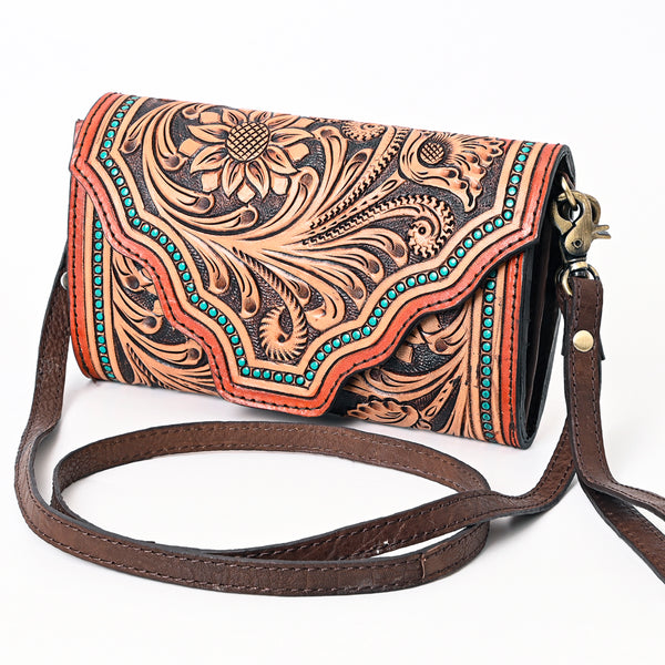 ADBGA393 Tooled Leather Wallet Bag with Turquoise Stud Trim & Floral Design