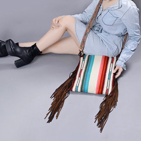 American Darling Large Cross body Bag - Hand Tooled Floral Leather & Woven Saddle Blanket Purse