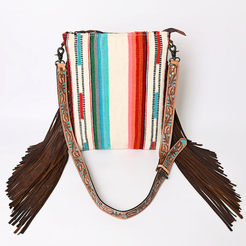 American Darling Large Cross body Bag - Hand Tooled Floral Leather & Woven Saddle Blanket Purse