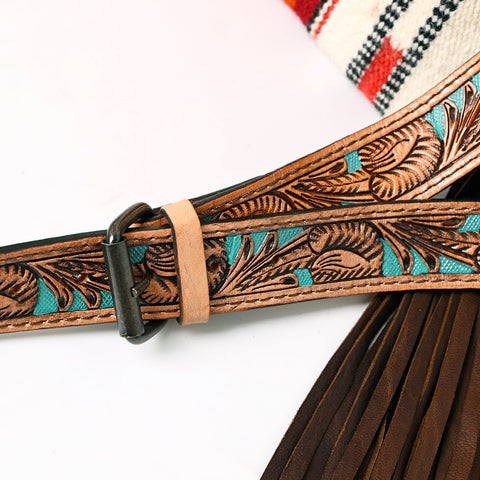 American Darling Large Cross body Bag - Hand Tooled Floral Leather & Woven Saddle Blanket Purse