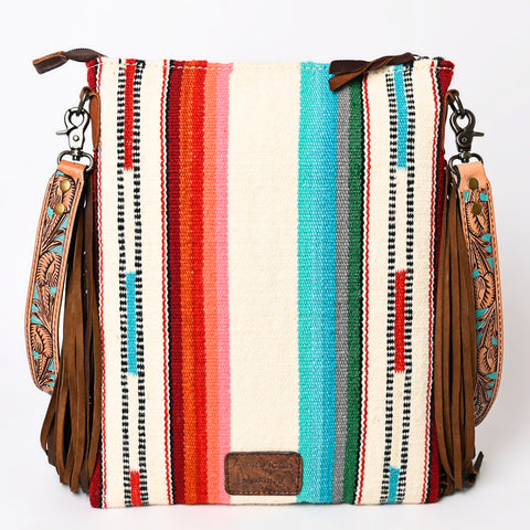 American Darling Large Cross body Bag - Hand Tooled Floral Leather & Woven Saddle Blanket Purse