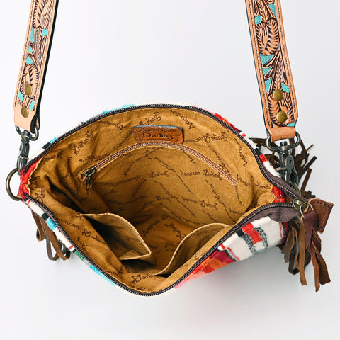 American Darling Large Cross body Bag - Hand Tooled Floral Leather & Woven Saddle Blanket Purse