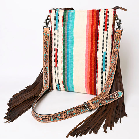 American Darling Large Cross body Bag - Hand Tooled Floral Leather & Woven Saddle Blanket Purse