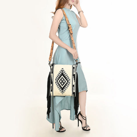 American Darling Large Cross body Bag - Hand Tooled Floral Leather & Woven Saddle Blanket Purse