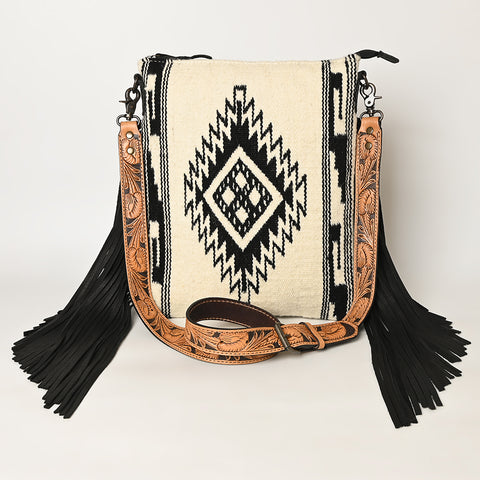 American Darling Large Cross body Bag - Hand Tooled Floral Leather & Woven Saddle Blanket Purse