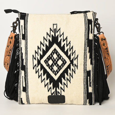 American Darling Large Cross body Bag - Hand Tooled Floral Leather & Woven Saddle Blanket Purse