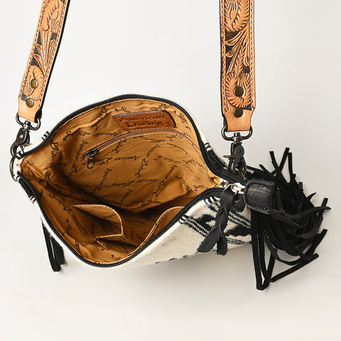 American Darling Large Cross body Bag - Hand Tooled Floral Leather & Woven Saddle Blanket Purse