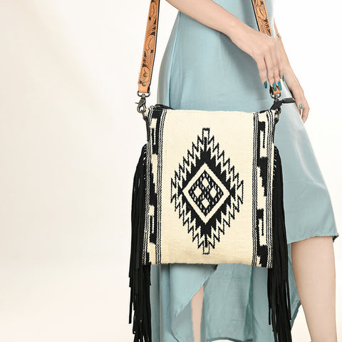 American Darling Large Cross body Bag - Hand Tooled Floral Leather & Woven Saddle Blanket Purse