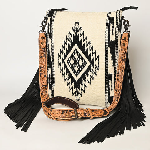American Darling Large Cross body Bag - Hand Tooled Floral Leather & Woven Saddle Blanket Purse