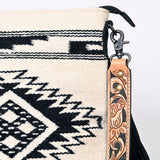 LC-ADBGS192CA Black & Cream Tribal Wool Messenger Bag with Tooled Leather Strap and Fringe - Western Boho Purse