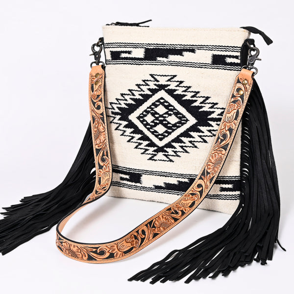LC-ADBGS192CA Black & Cream Tribal Wool Messenger Bag with Tooled Leather Strap and Fringe - Western Boho Purse