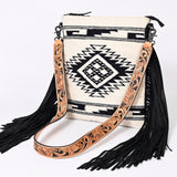 LC-ADBGS192CA Black & Cream Tribal Wool Messenger Bag with Tooled Leather Strap and Fringe - Western Boho Purse