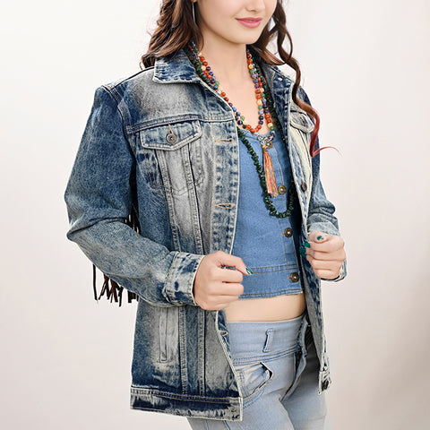 LC-ADJKT018 Tooled Leather Yoke Denim Jacket with Fringe