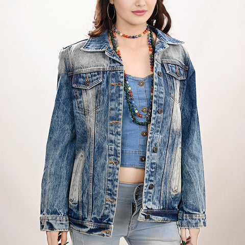 LC-ADJKT019 Turquoise Accented Tooled Leather Denim Jacket with Fringe