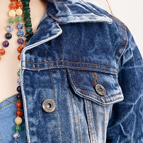 LC-ADJKT020 Classic Tooled Leather Fringe Denim Jacket - Western Style