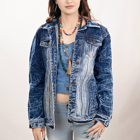 LC-ADJKT020 Classic Tooled Leather Fringe Denim Jacket - Western Style