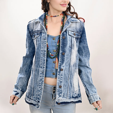 LC-ADJKT022 Bronc Rider Tooled Leather Denim Jacket - Fringe Western Style