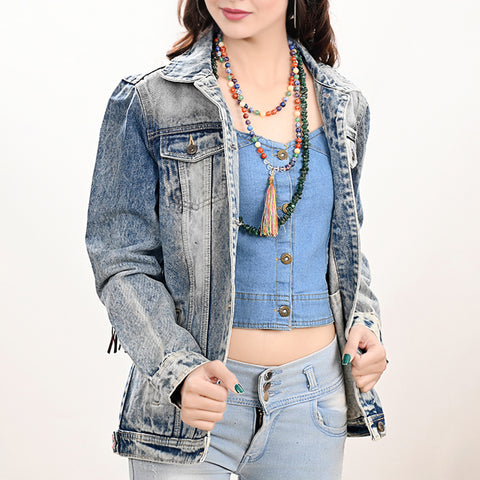LC-ADJKT023 Tooled Leather Yoke Fringe Denim Jacket - Turquoise Trim Detail