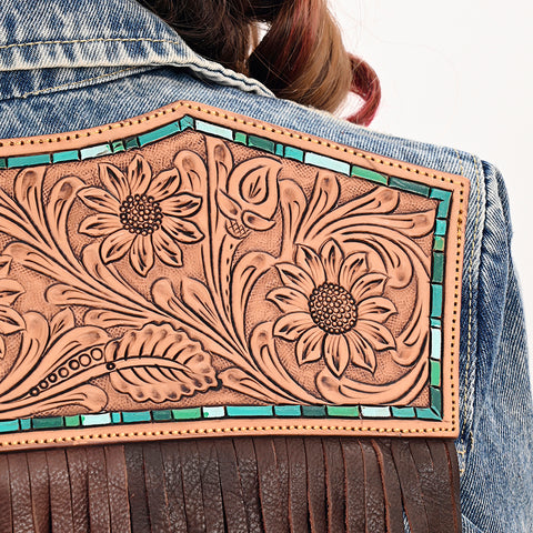LC-ADJKT023 Tooled Leather Yoke Fringe Denim Jacket - Turquoise Trim Detail