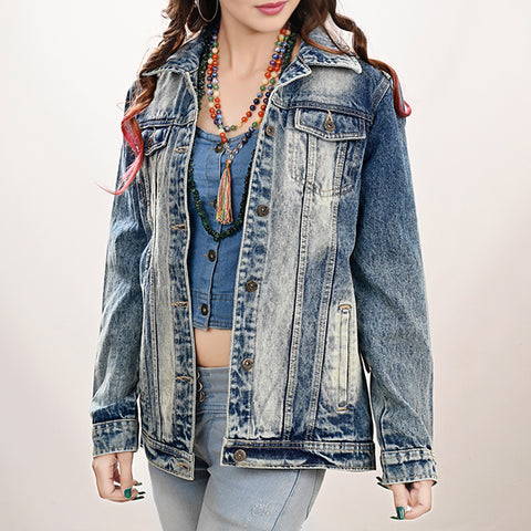 LC-ADJKT027 Women's Western Denim Jacket with Hand-Tooled Leather Yoke & Fringe