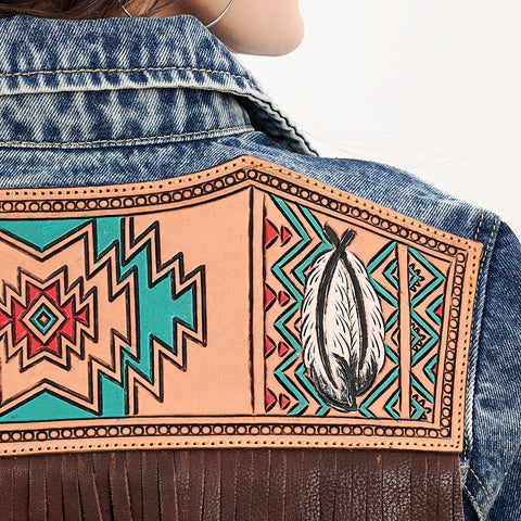 LC-ADJKT027 Women's Western Denim Jacket with Hand-Tooled Leather Yoke & Fringe