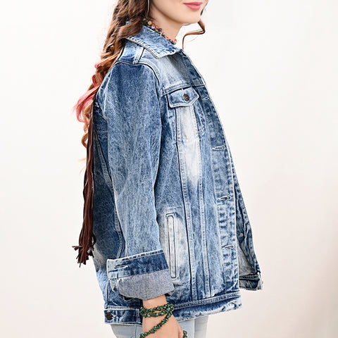 LC-ADJKT026 Turquoise Oval Tooled Leather Fringe Denim Jacket - Cowgirl Edition