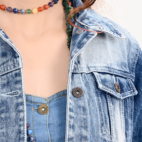 LC-ADJKT026 Turquoise Oval Tooled Leather Fringe Denim Jacket - Cowgirl Edition