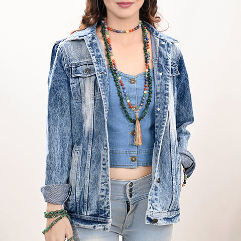 LC-ADJKT026 Turquoise Oval Tooled Leather Fringe Denim Jacket - Cowgirl Edition