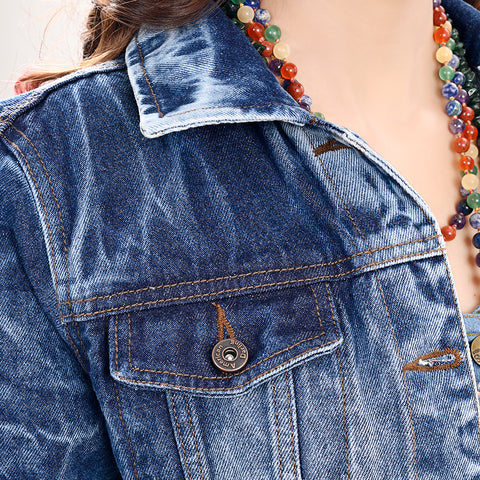 LC-ADJKT028 Women's Acid Wash Denim Jacket with Floral Hand-Tooled Leather Yoke & Fringe
