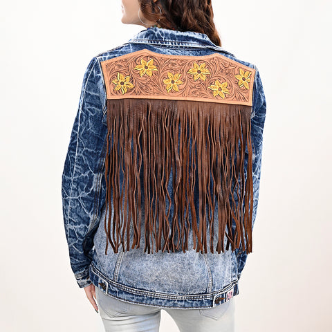 LC-ADJKT028 Women's Acid Wash Denim Jacket with Floral Hand-Tooled Leather Yoke & Fringe