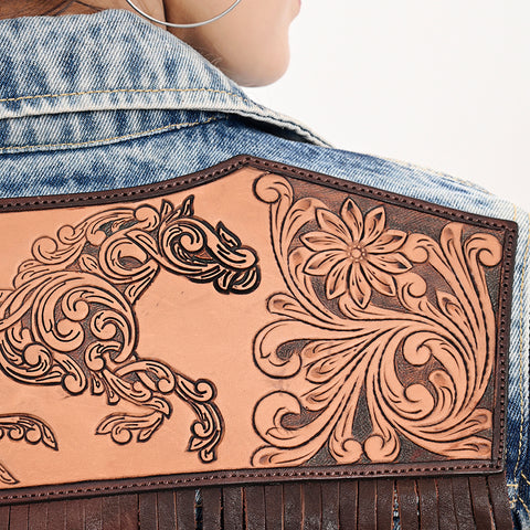 LC-ADJKT031 Women's Western Denim Jacket with Galloping Horse Tooled Leather Yoke & Fringe