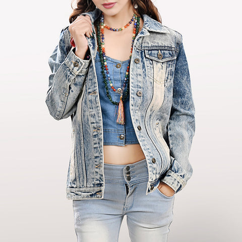 LC-ADJKT031 Women's Western Denim Jacket with Galloping Horse Tooled Leather Yoke & Fringe