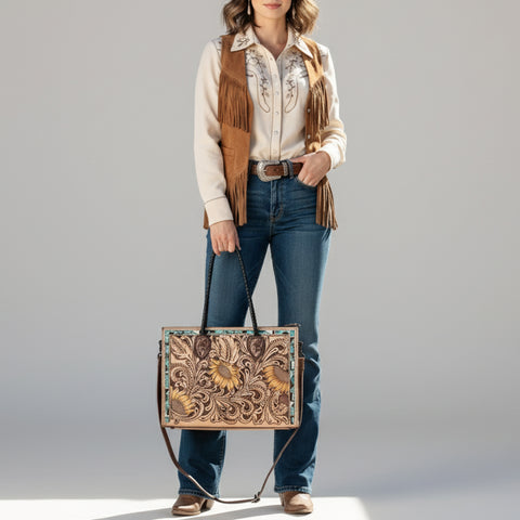 American Darling Floral Tooled Leather Tote -Western Crossbody Bag