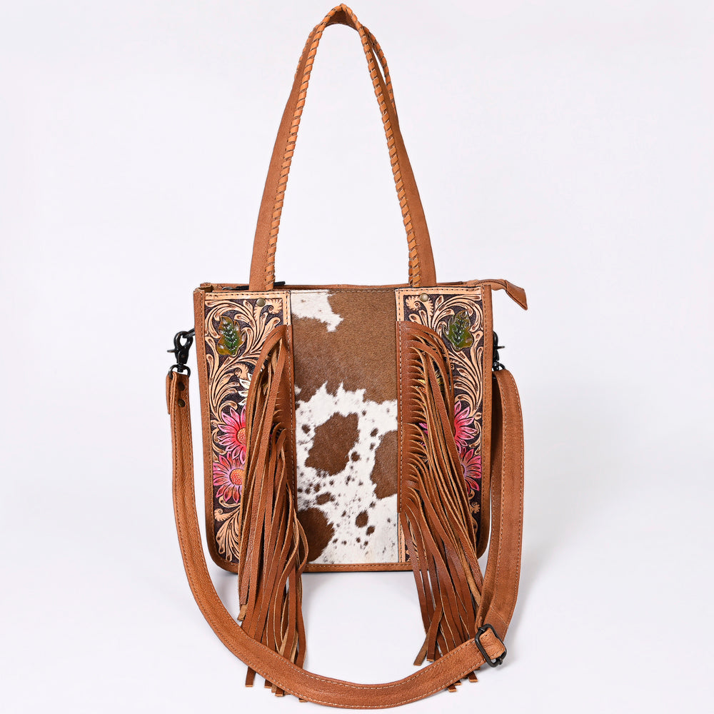 American Darling Hair-on Cowhide Tote Bag with Hand-Tooled Leather and Fringes