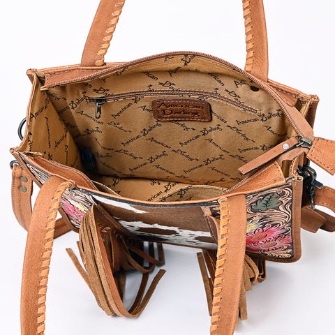 American Darling Hair-on Cowhide Tote Bag with Hand-Tooled Leather and Fringes