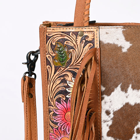American Darling Hair-on Cowhide Tote Bag with Hand-Tooled Leather and Fringes