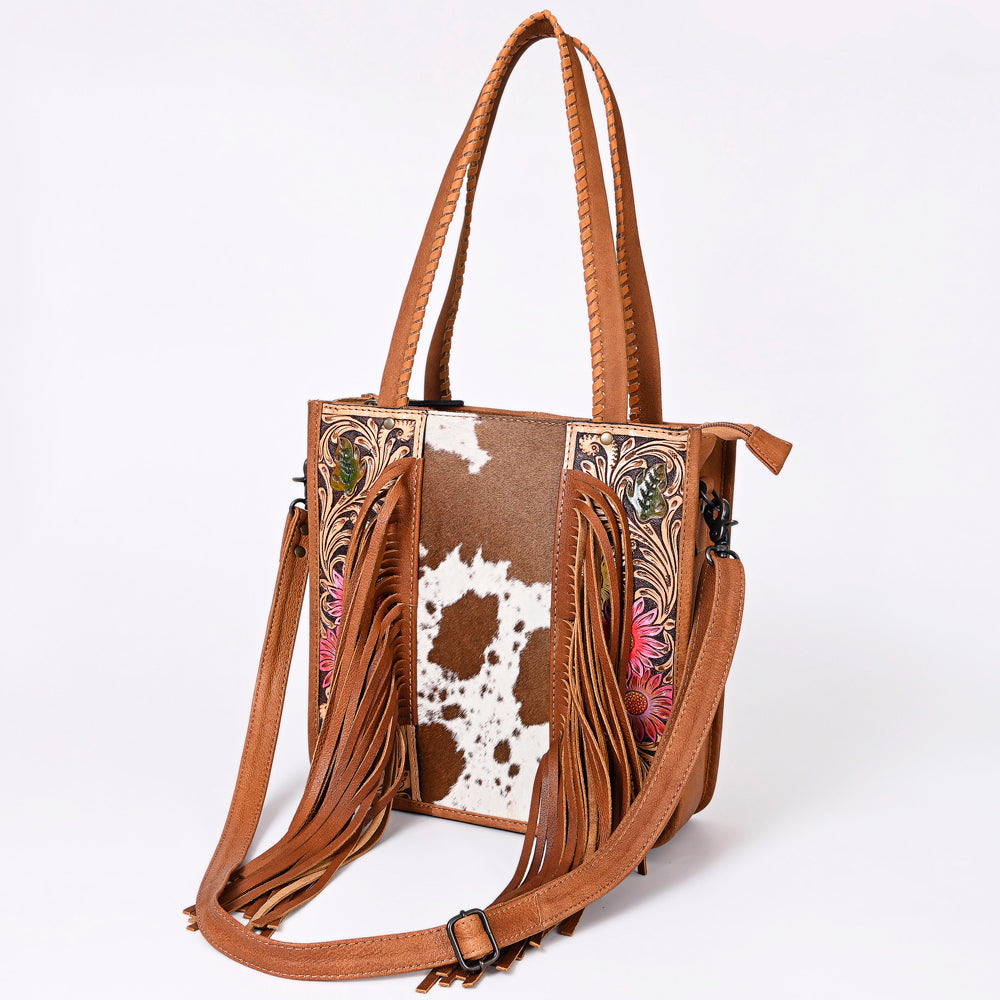 American Darling Hair-on Cowhide Tote Bag with Hand-Tooled Leather and Fringes