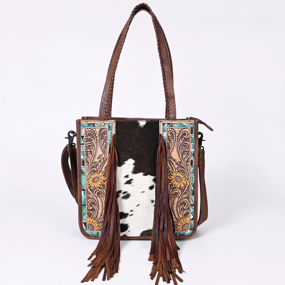 American Darling Hair-on Cowhide Tote Bag with Hand-Tooled Leather and Fringes