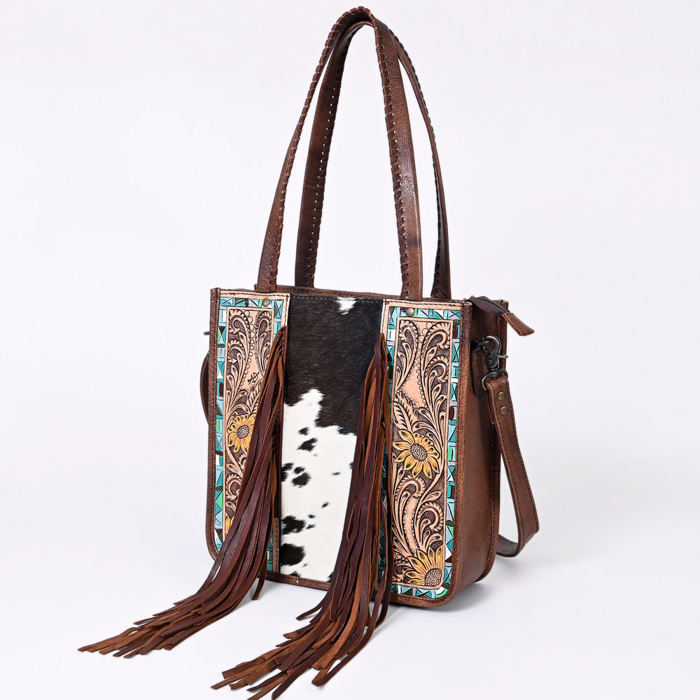 American Darling Hair-on Cowhide Tote Bag with Hand-Tooled Leather and Fringes