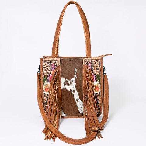 ADBG1086 American Darling Hair-on Cowhide Tote Bag with Hand-Tooled Leather and Fringes