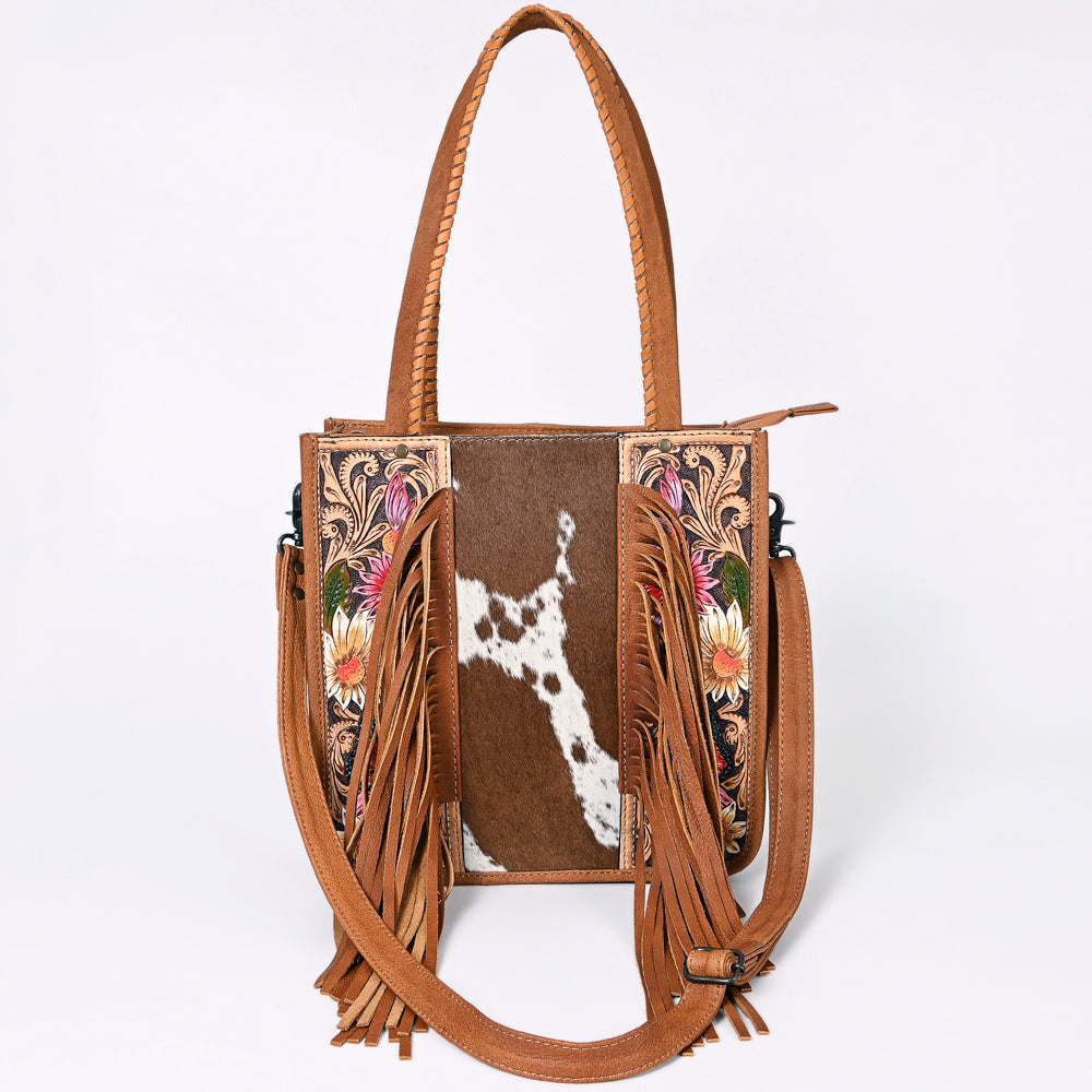 American Darling Hair-on Cowhide Tote Bag with Hand-Tooled Leather and Fringes