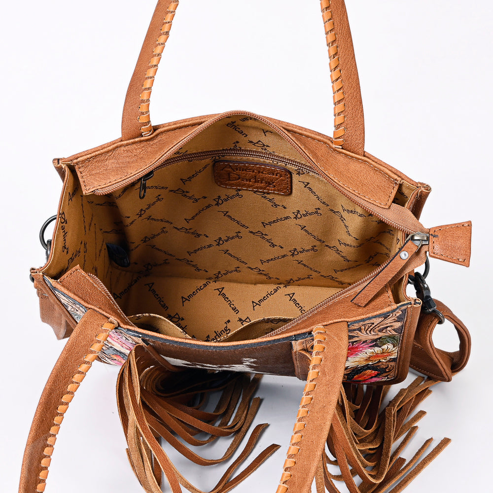 American Darling Hair-on Cowhide Tote Bag with Hand-Tooled Leather and Fringes