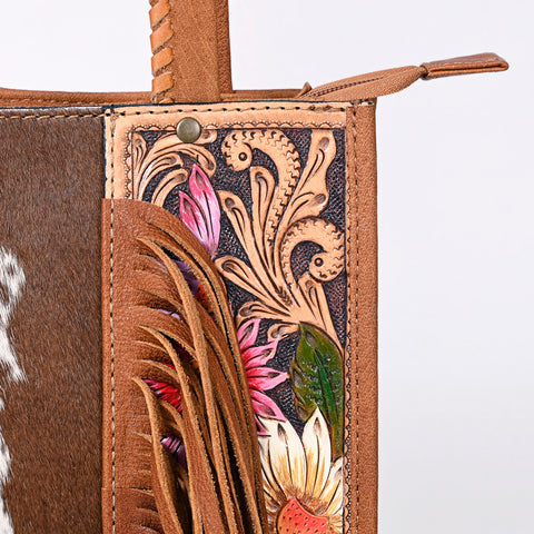 American Darling Hair-on Cowhide Tote Bag with Hand-Tooled Leather and Fringes