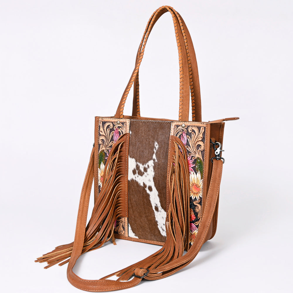 American Darling Hair-on Cowhide Tote Bag with Hand-Tooled Leather and Fringes
