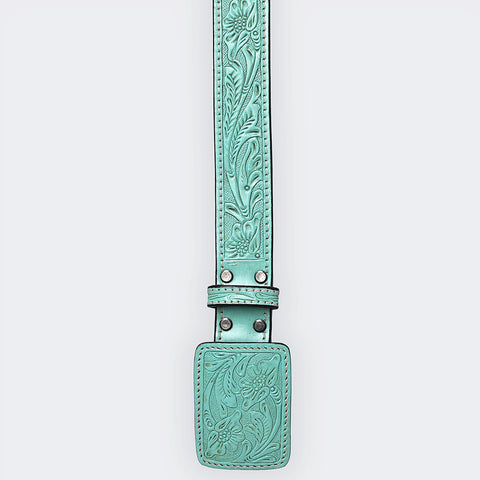 ADBLF214 Aqua Turquoise Hand-Tooled Leather Belt with Floral Design